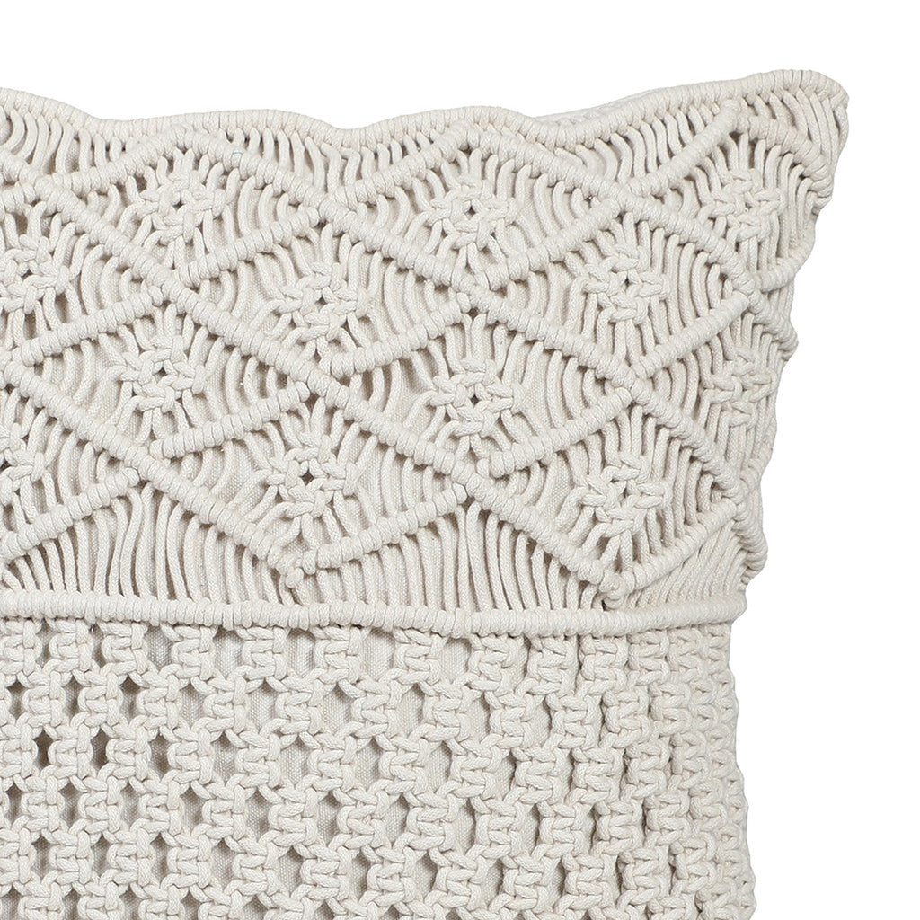 Off-white macrame sofa cushion cover corner detail