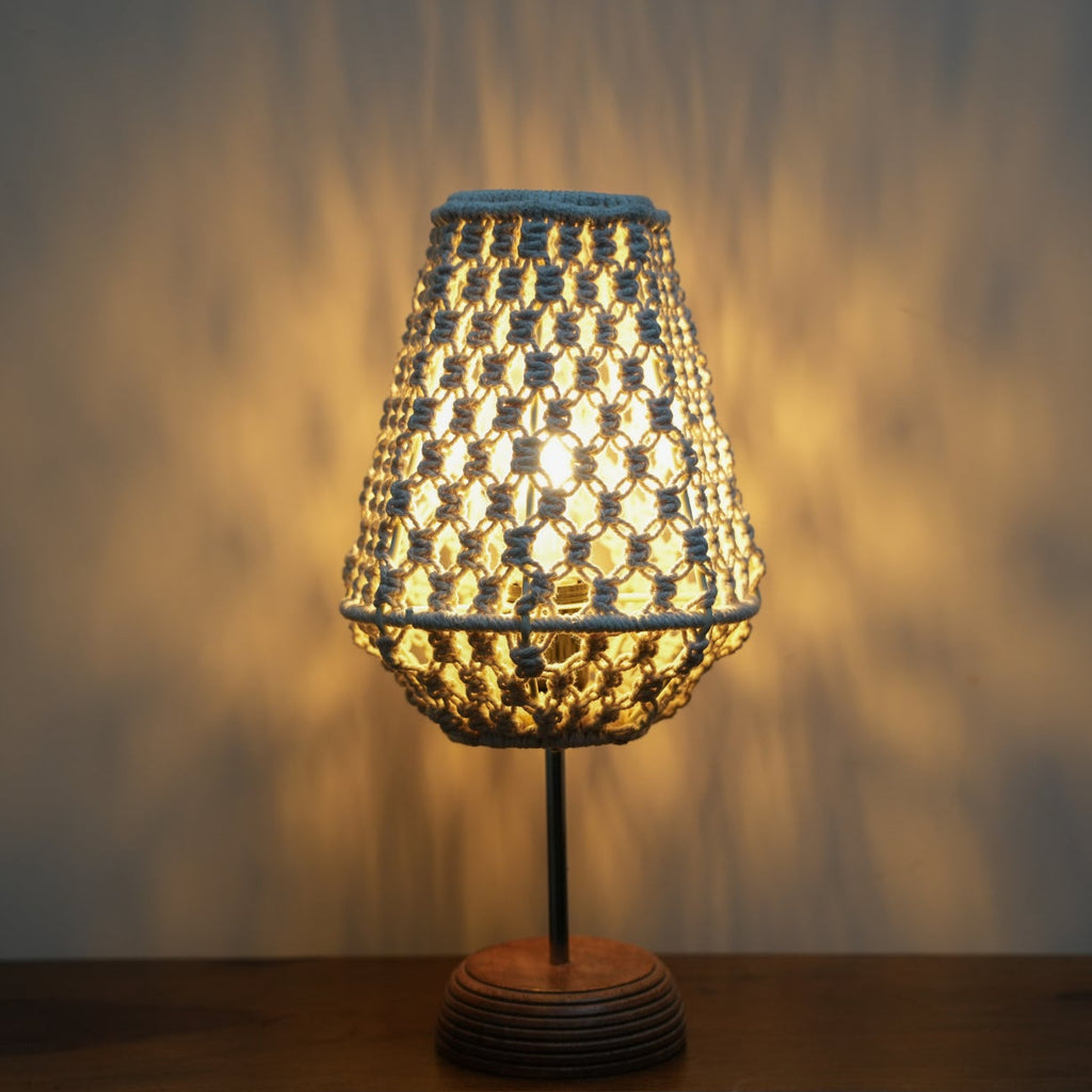 Ivory Macrame Table Lamp with Wooden Base | Handmade Cotton Rope Bedside Lamp