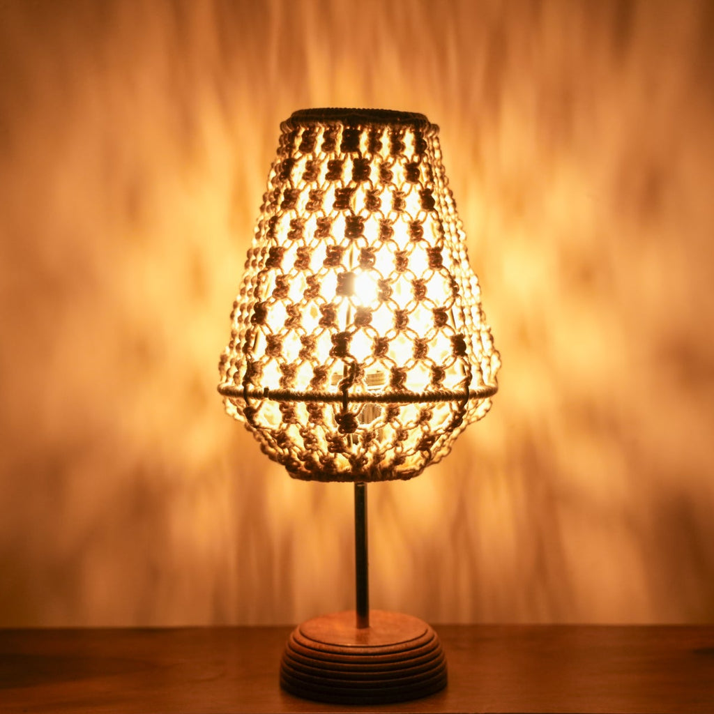 Ivory Macrame Table Lamp with Wooden Base | Handmade Cotton Rope Bedside Lamp
