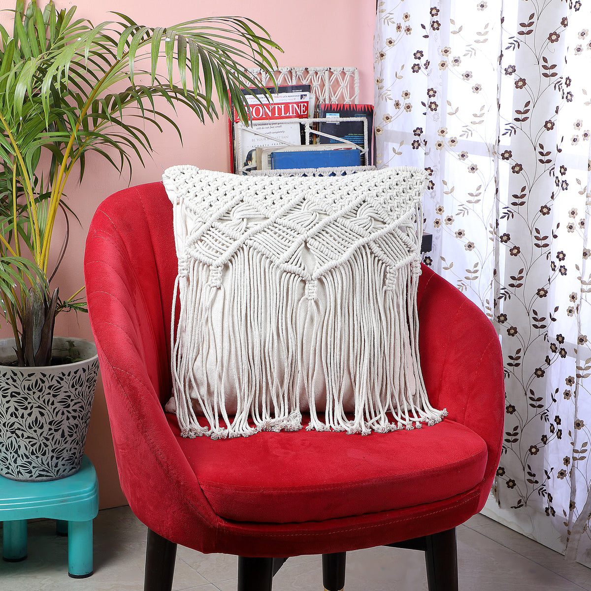 Off-white hand-knotted macrame chair cushion cover