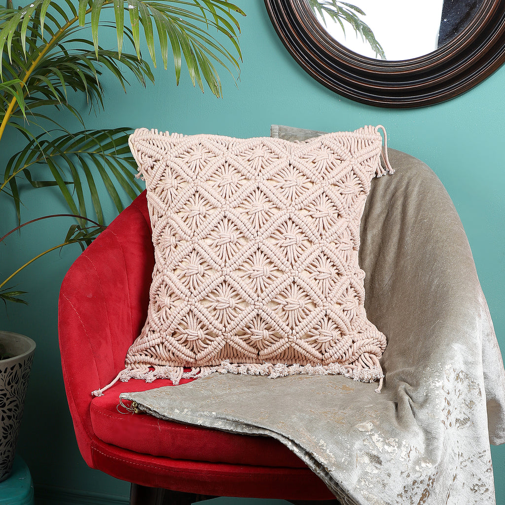 Beige hand-knotted macrame cushion cover