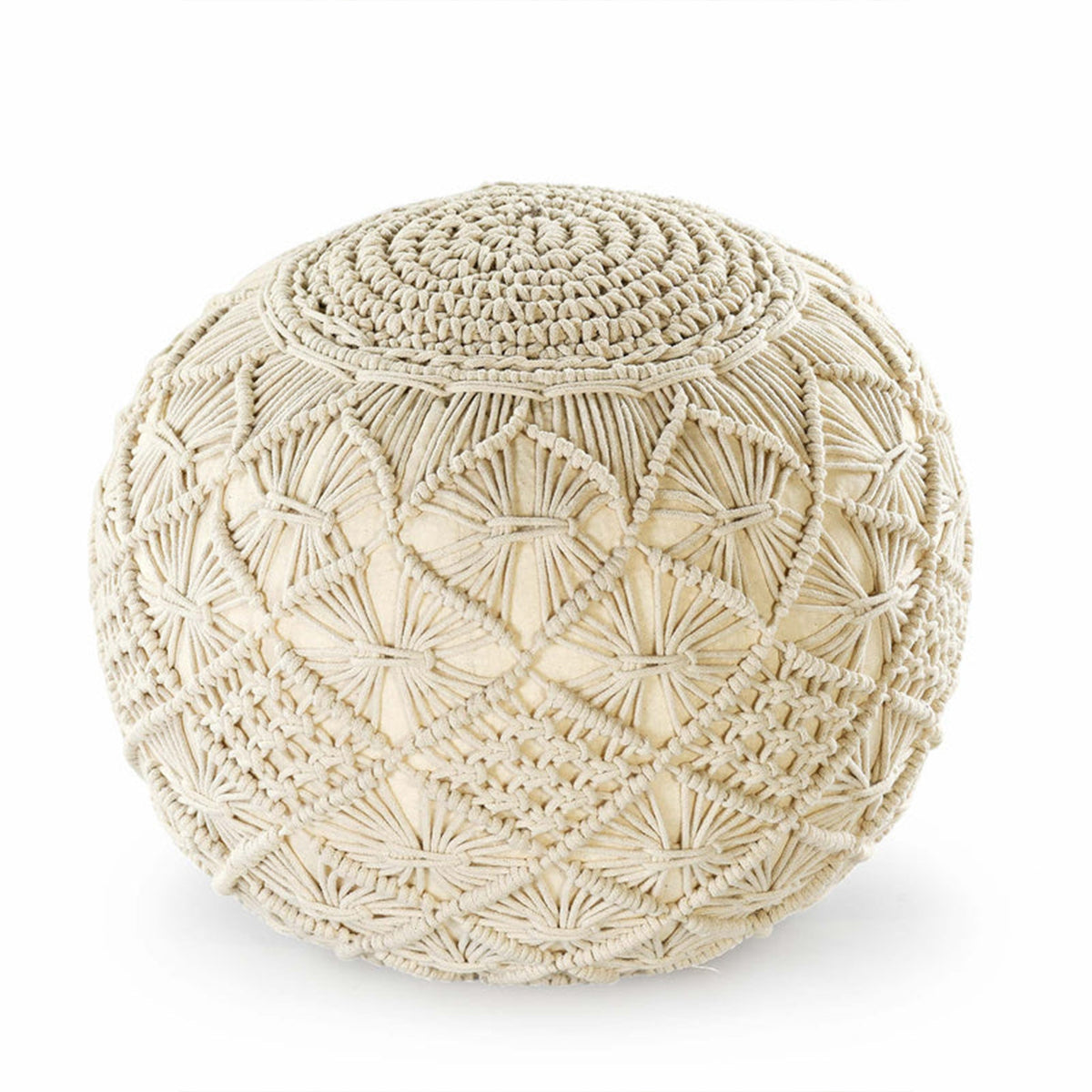 Macrame pouf, close up of hand-knotted cotton cord