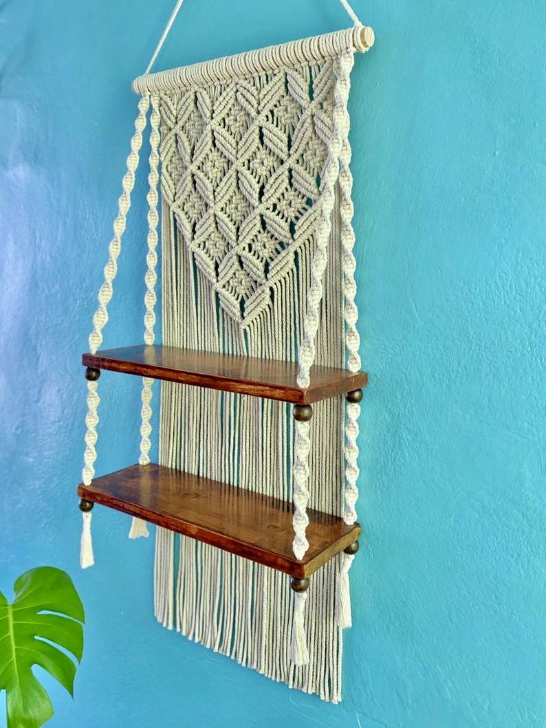 2-Tier Macrame Wall Shelf in Butterfly Pattern