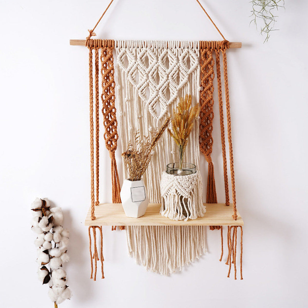 Macrame Boho Wall Shelf in Brick Red and Off White