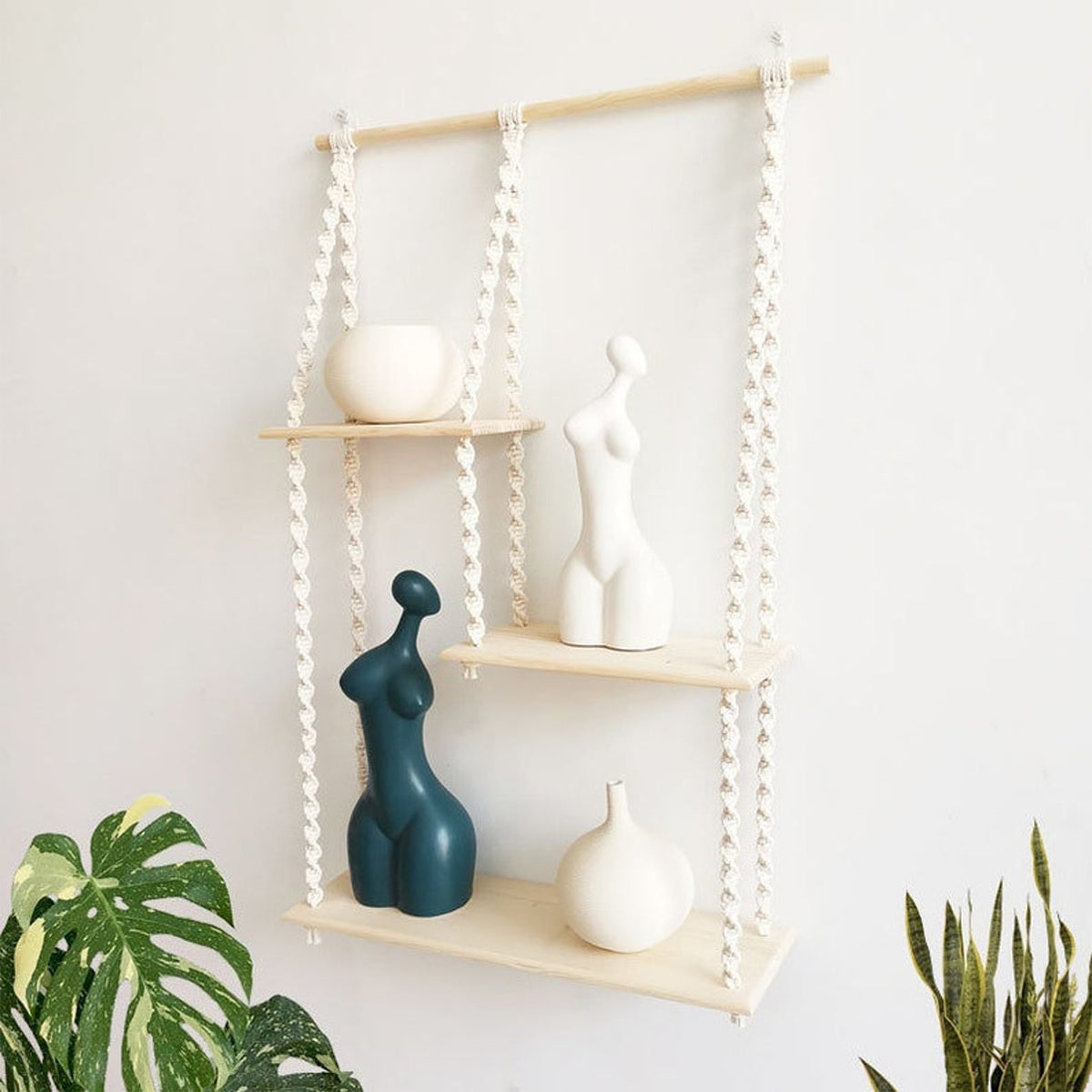Simple & Beautiful Multi-Tier Macrame Wall Shelf, 20x45x5 In