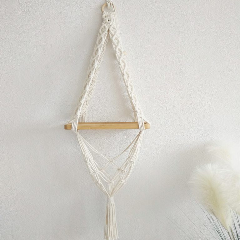 Macrame wall hanging pine shelf featured — handmade artisan India