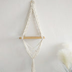 Macrame wall hanging pine shelf featured — handmade artisan India