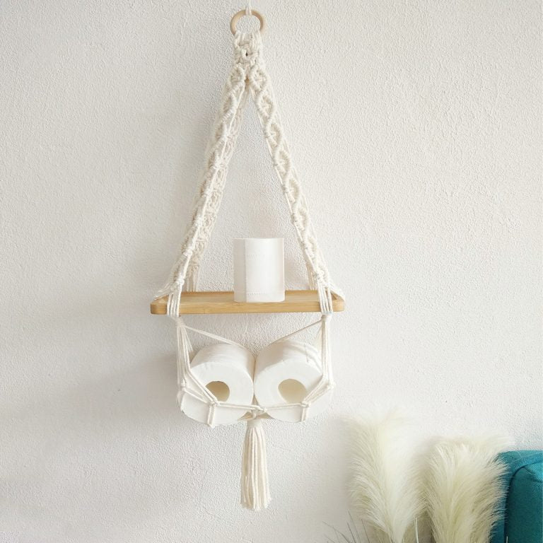 Macrame wall hanging pine shelf side — handwoven India