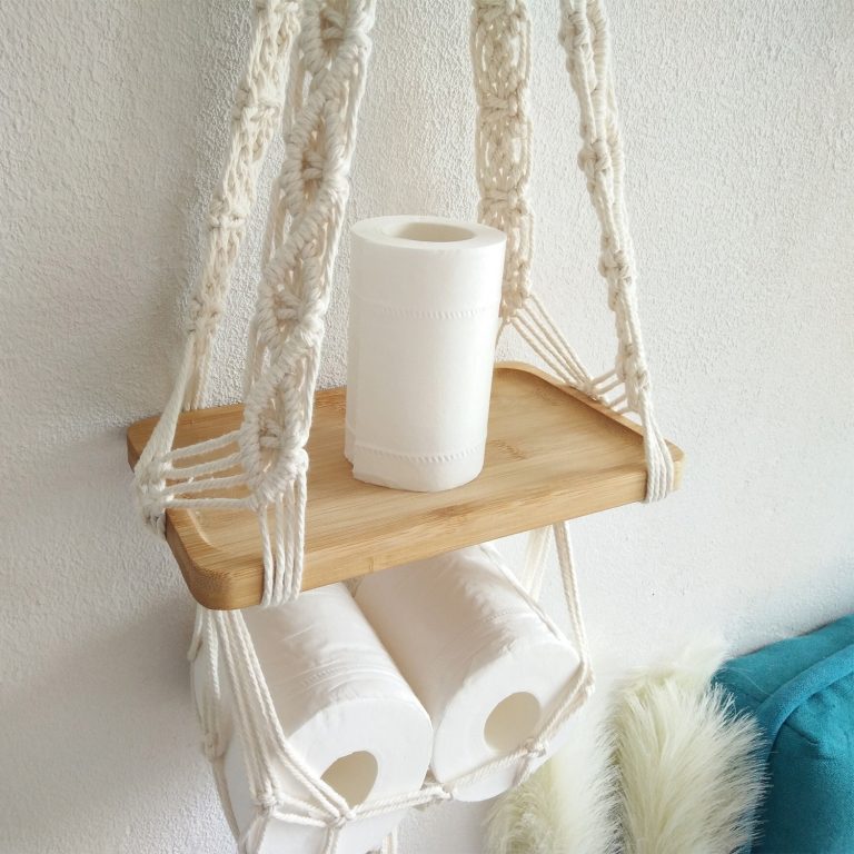 Macrame wall hanging pine shelf detail — boho decor India