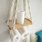 Macrame wall hanging pine shelf detail — boho decor India