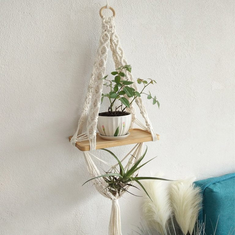 Macrame boho wall hanging with pine wood shelf 12x5 inch — handwoven India