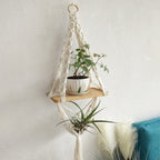 Macrame boho wall hanging with pine wood shelf 12x5 inch — handwoven India