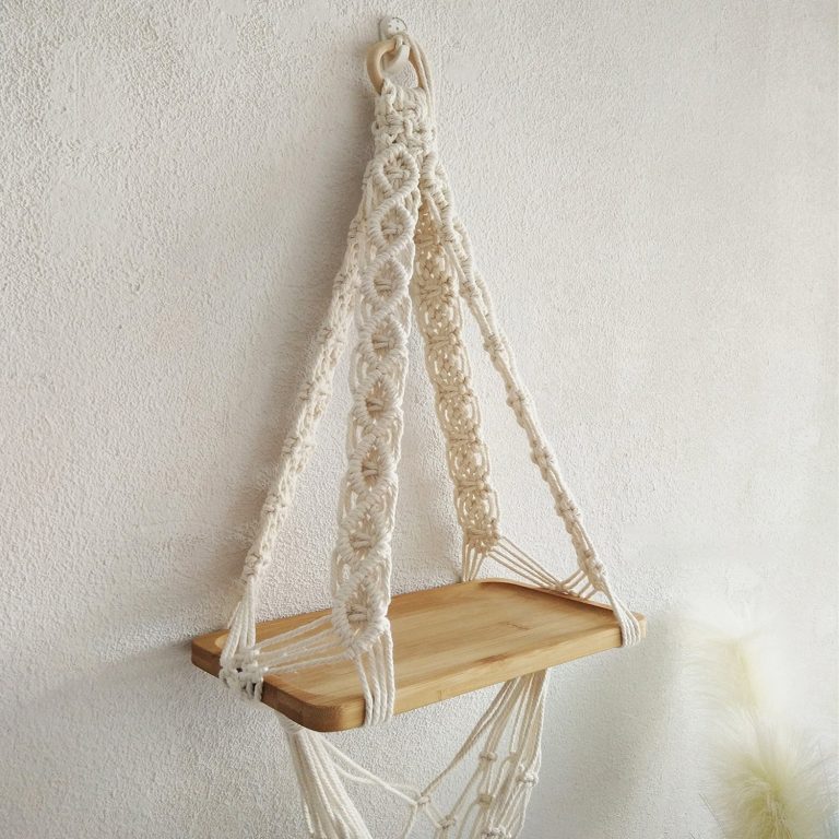 Macrame Boho Wall Hanging with Pine Wood Shelf | Handwoven | 12x5"