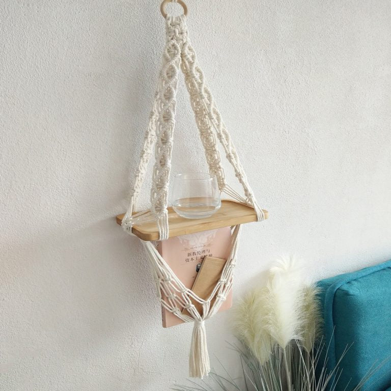 Macrame wall hanging pine shelf angle — handwoven artisan India