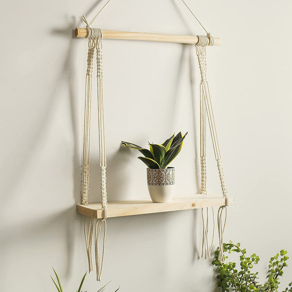 Macrame Boho Decor Wall Hanging Shelf, 12x5 In