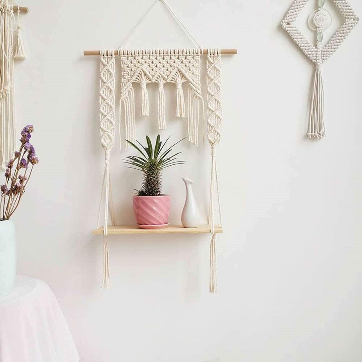 Macrame Boho Decor Wall Hanging Shelf, 12x5 In