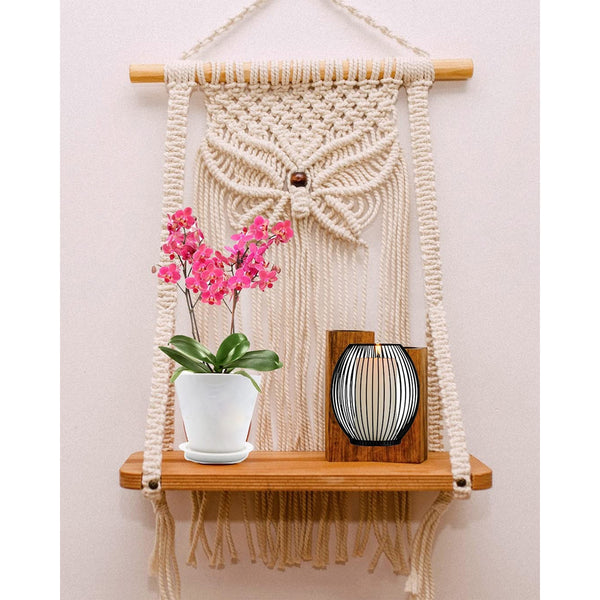 Macrame Boho Decor Wall Hanging Shelf, Butterfly Pattern