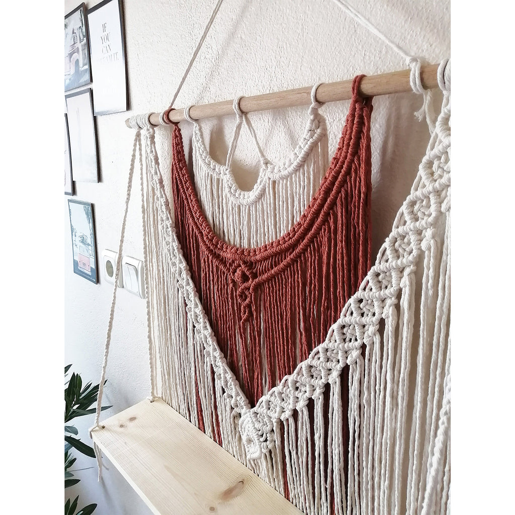 Macrame Wall Hanging Shelf in White and Maroon, 18x30x5 In