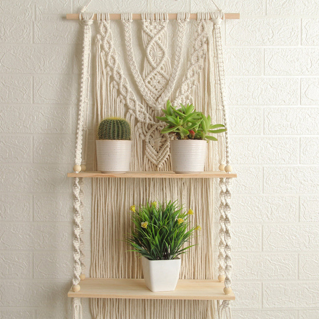 Handmade Macrame Wall Hanging 2-Tier Shelf Planter