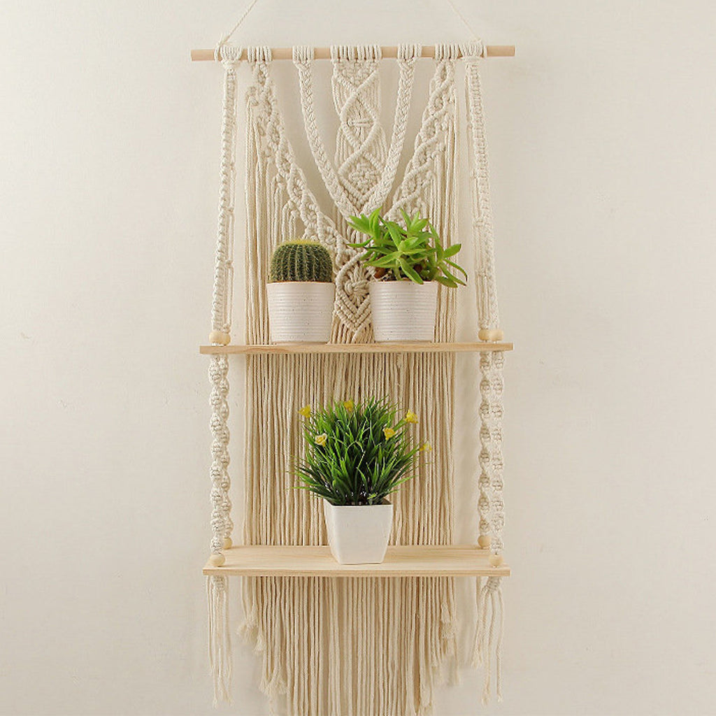 Handmade Macrame Wall Hanging 2-Tier Shelf Planter