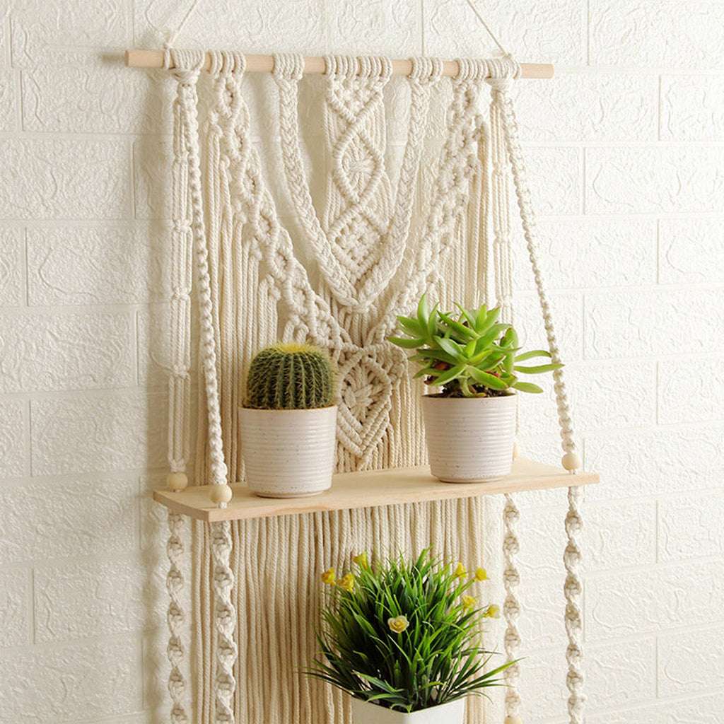 Handmade Macrame Wall Hanging 2-Tier Shelf Planter
