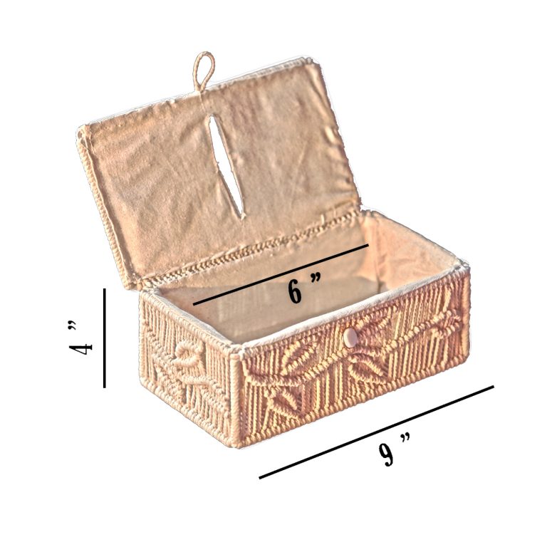 Leaf pattern macrame tissue box cover size guide — India