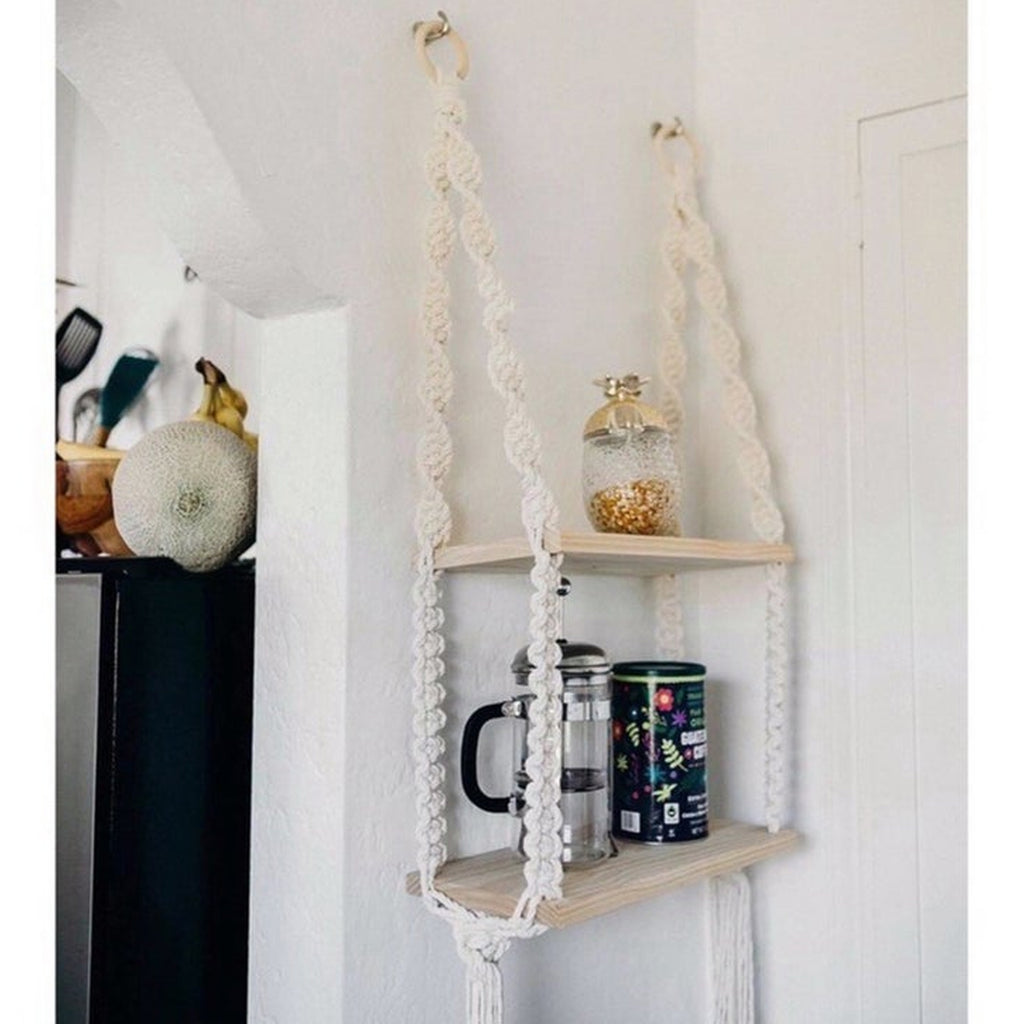 Macrame Wall Hanging Dual Shelf Storage, 16x36x5 In