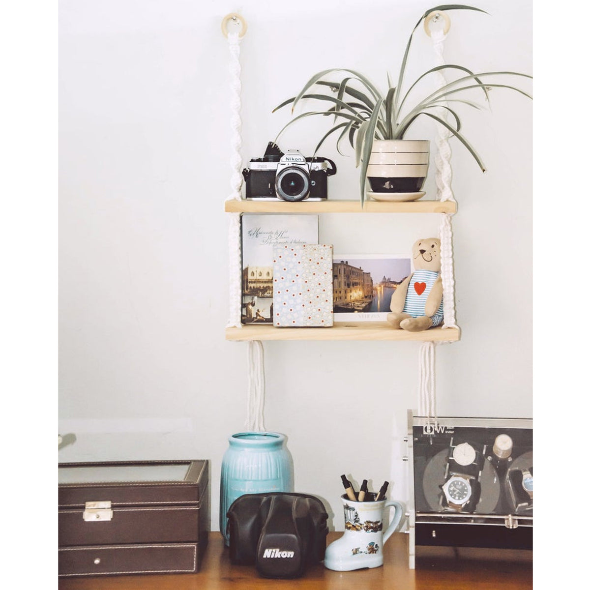 Macrame Wall Hanging Dual Shelf Storage, 16x36x5 In