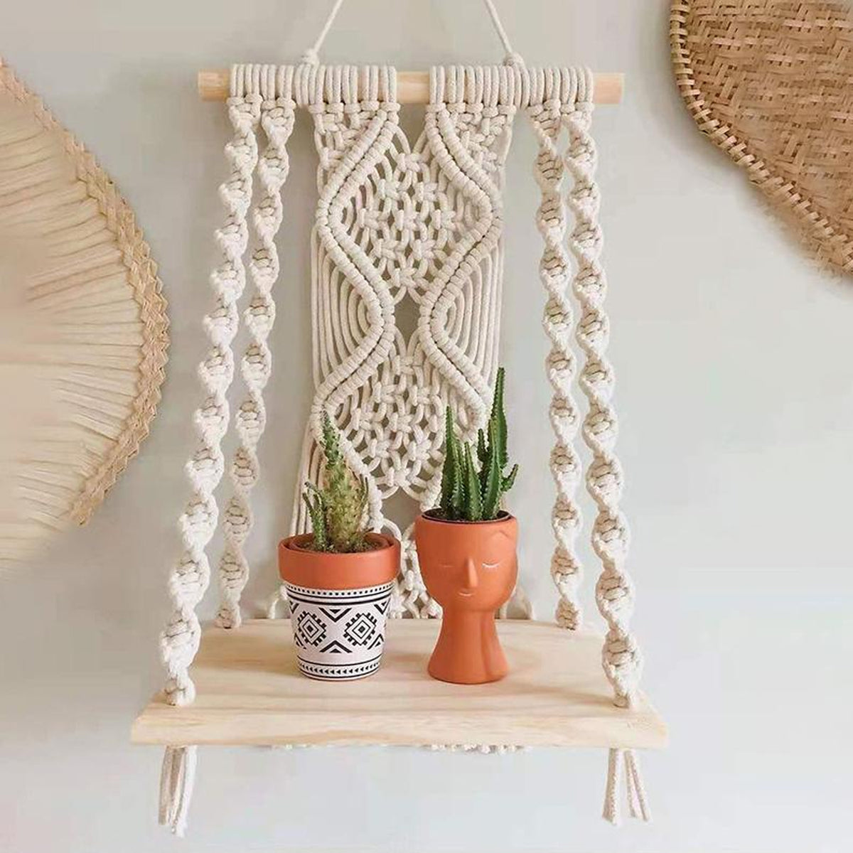 Macrame Wall Hanging Shelf Planter, Off White