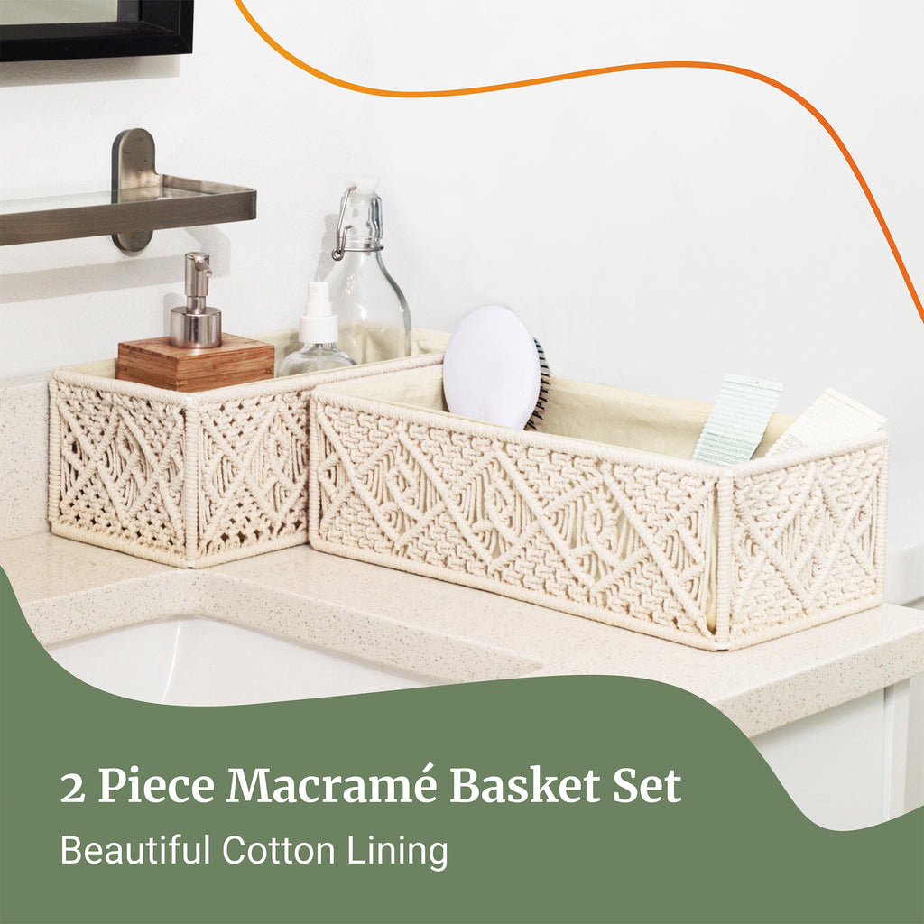 Set of 2 hand-knotted macrame shelf storage baskets
