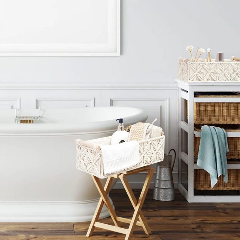 Handwoven storage baskets in bathroom — boho home decor India