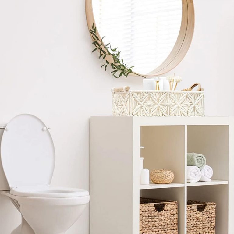 Handwoven storage baskets bathroom styling — artisan India