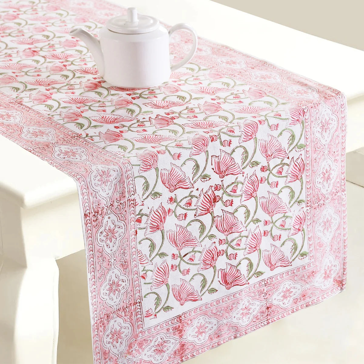 Beautiful Hand Printed Table Runner Pink Floral