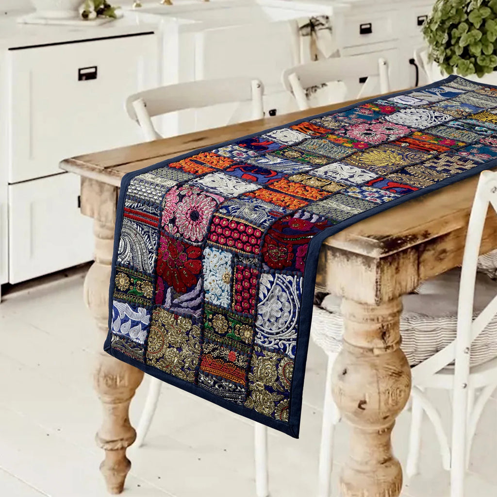 Beautiful Indian Embroidery Blue Patchwork Cotton Table Runner