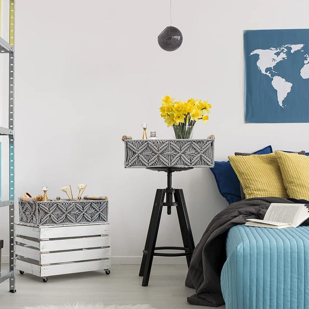 Grey macrame shelf baskets in bedroom setting