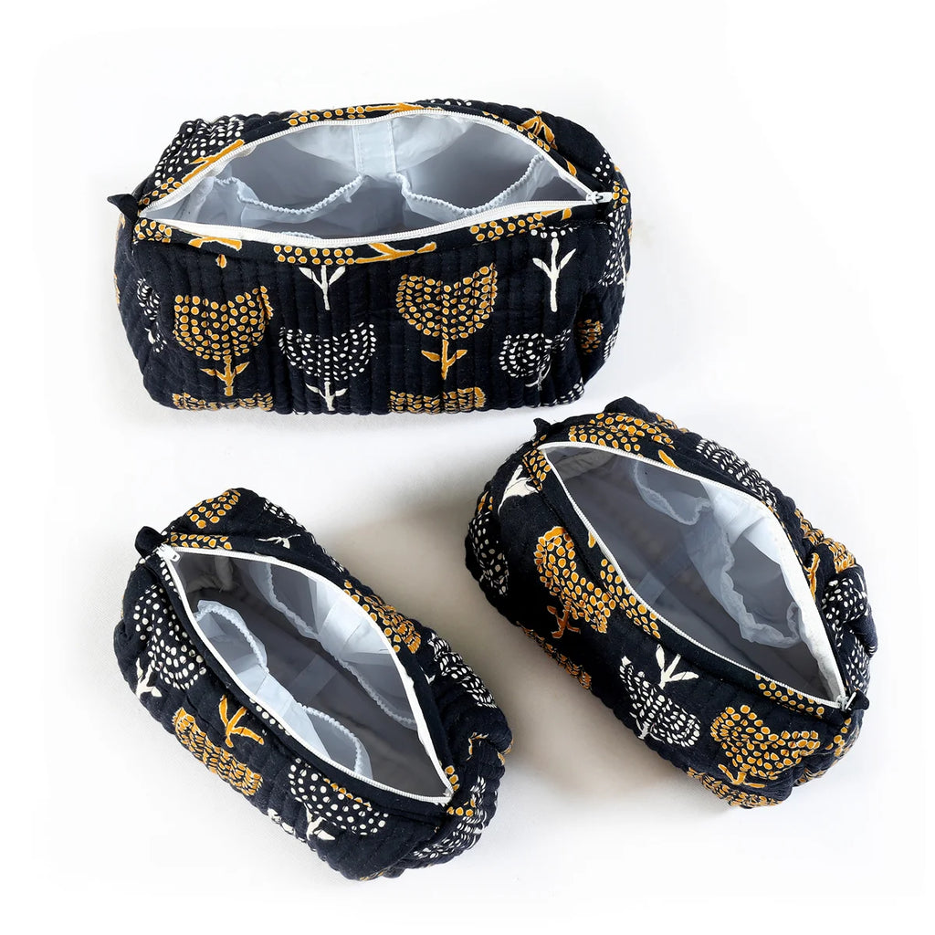 Black Floral Block Printed Cotton Zipper Closure Toiletry Bag
