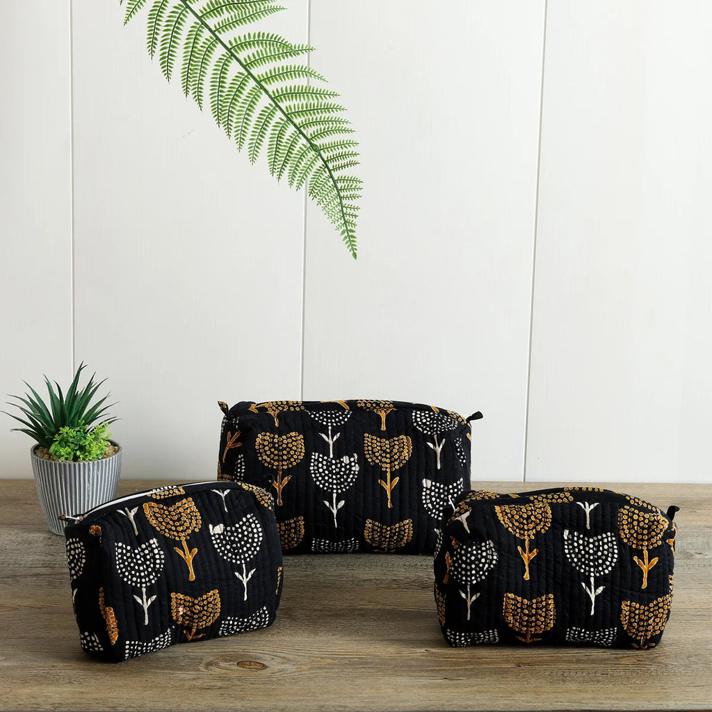 Black Floral Block Printed Cotton Zipper Closure Toiletry Bag