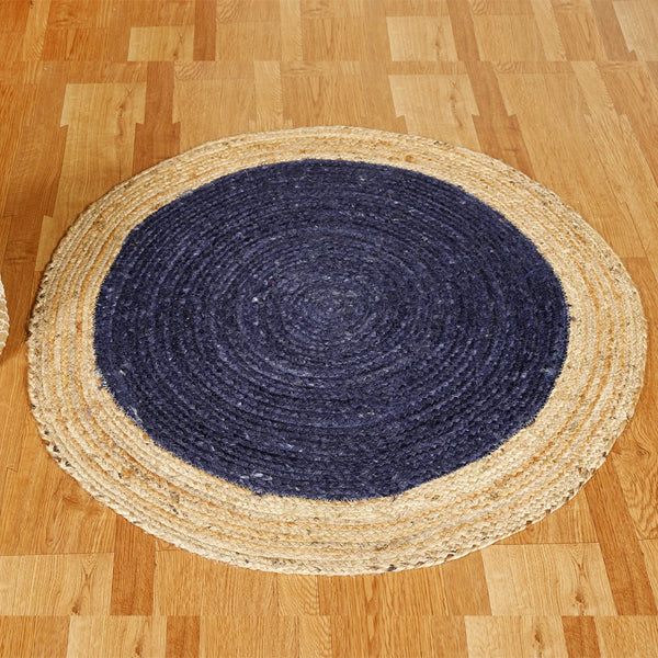 Blue braided round jute rug 36 inch — handwoven by Indian artisans