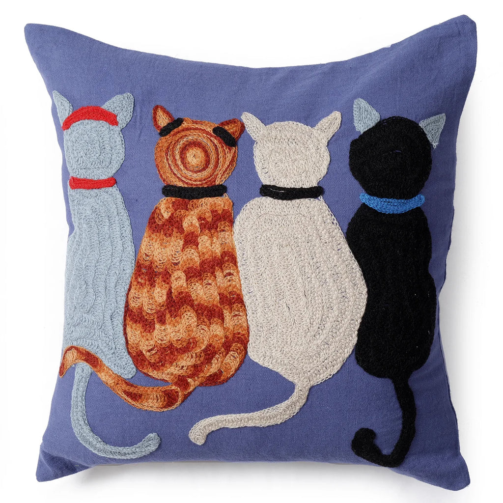 Blue Embroidery Cat Friends Cushion Cover
