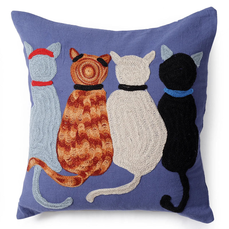 Blue Embroidery Cat Friends Cushion Cover