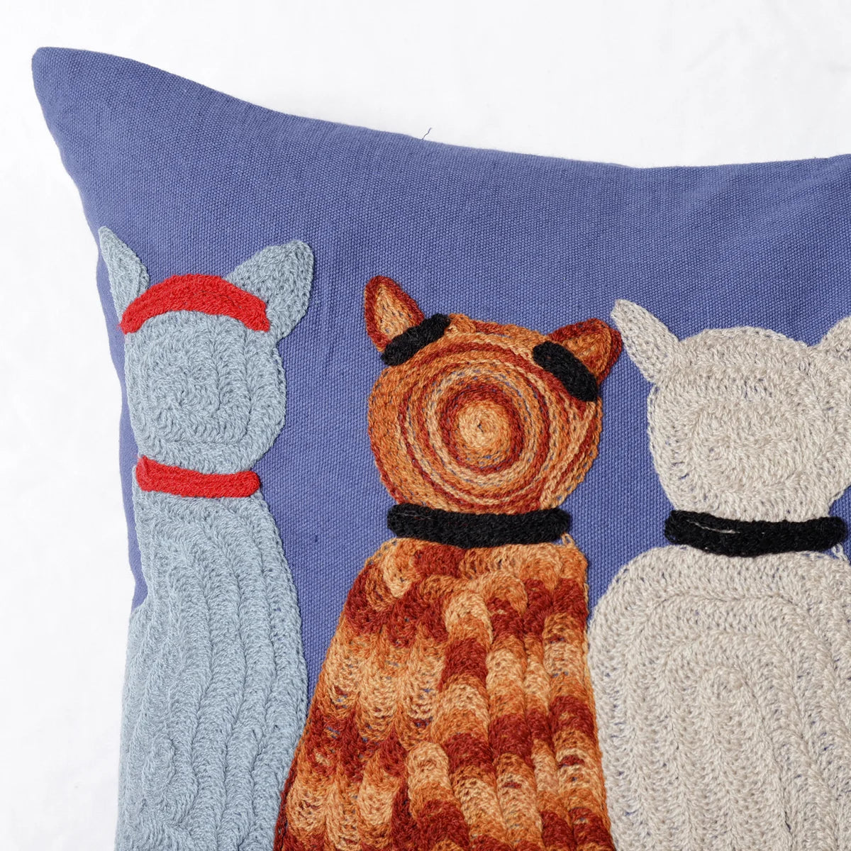 Blue Embroidery Cat Friends Cushion Cover