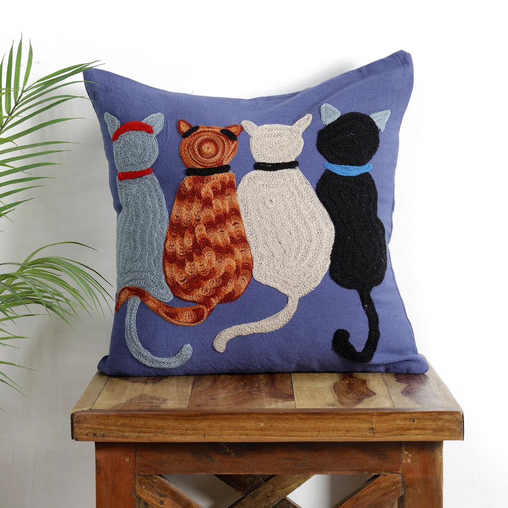 Blue Embroidery Cat Friends Cushion Cover