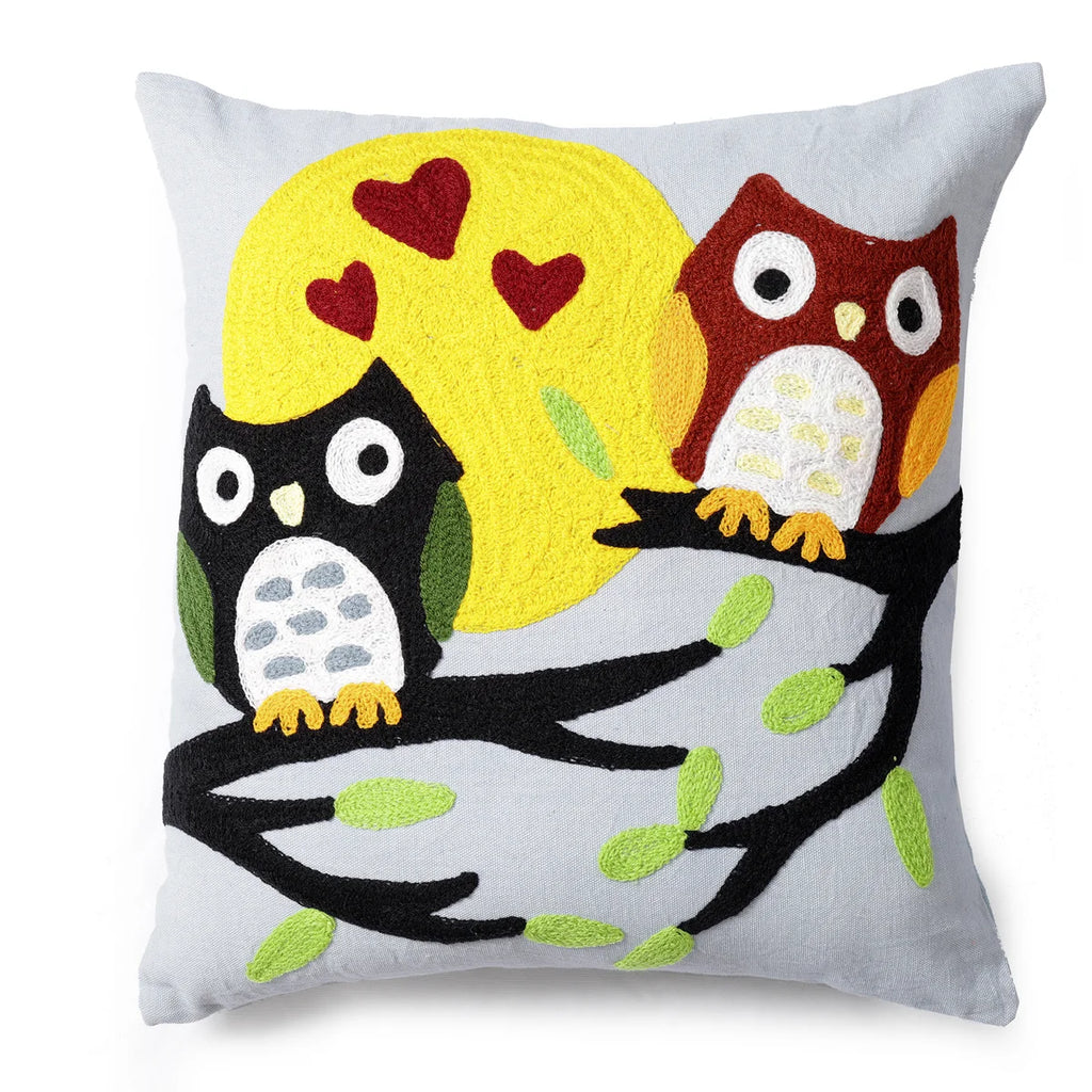 Blue Embroidery Lovely Owl Cushion Cover