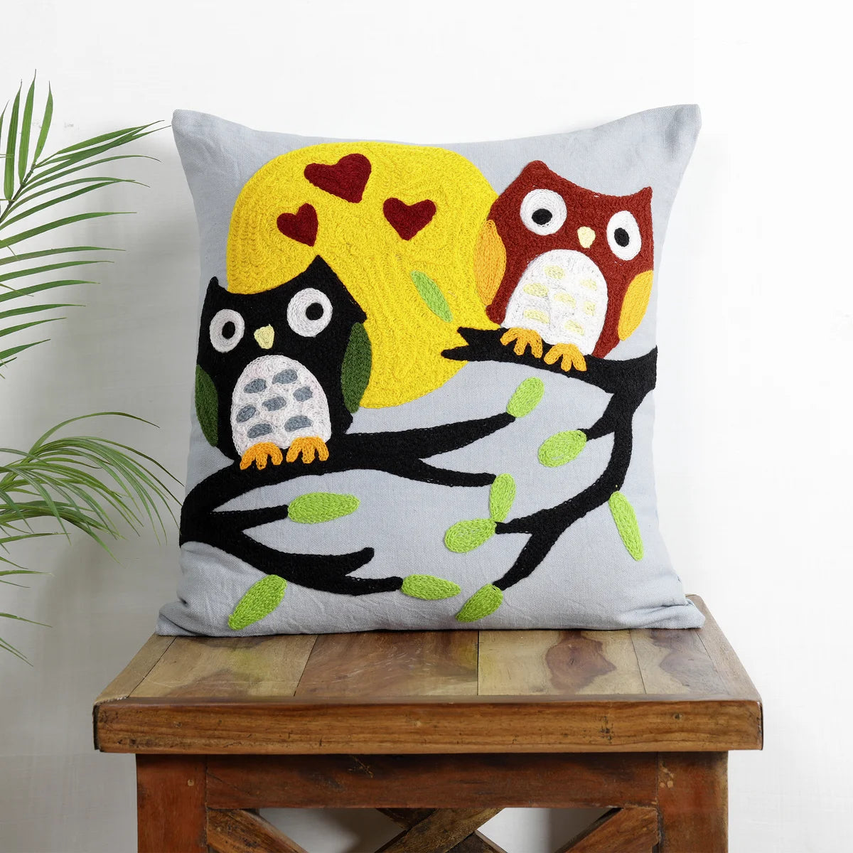 Blue Embroidery Lovely Owl Cushion Cover