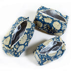 Blue Floral Block Printed Cotton Organizer Dop Bag