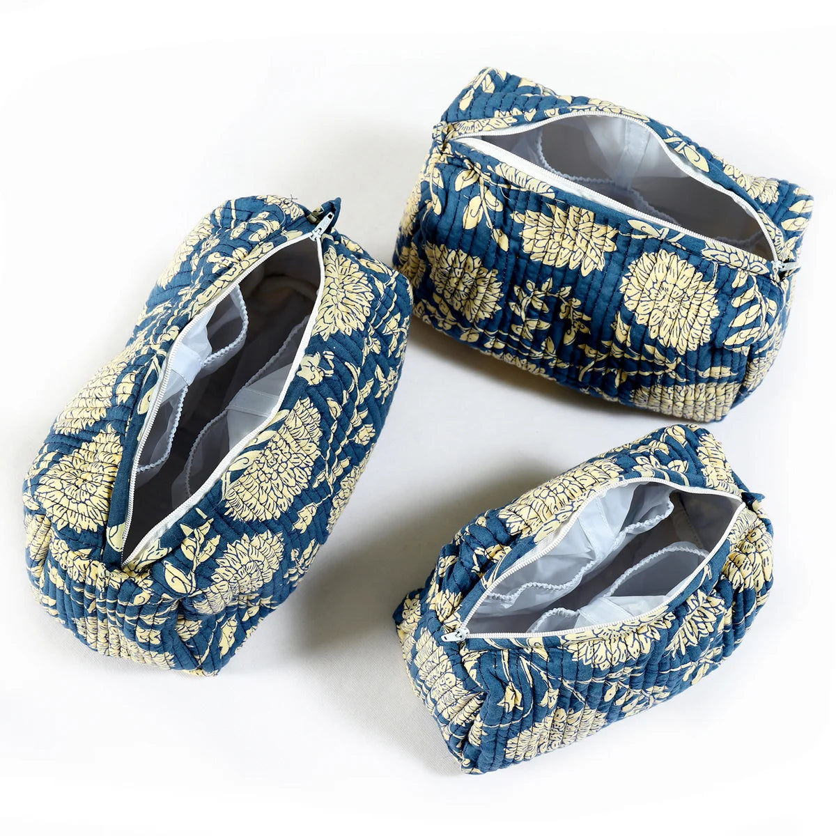 Blue Floral Block Printed Cotton Organizer Dop Bag