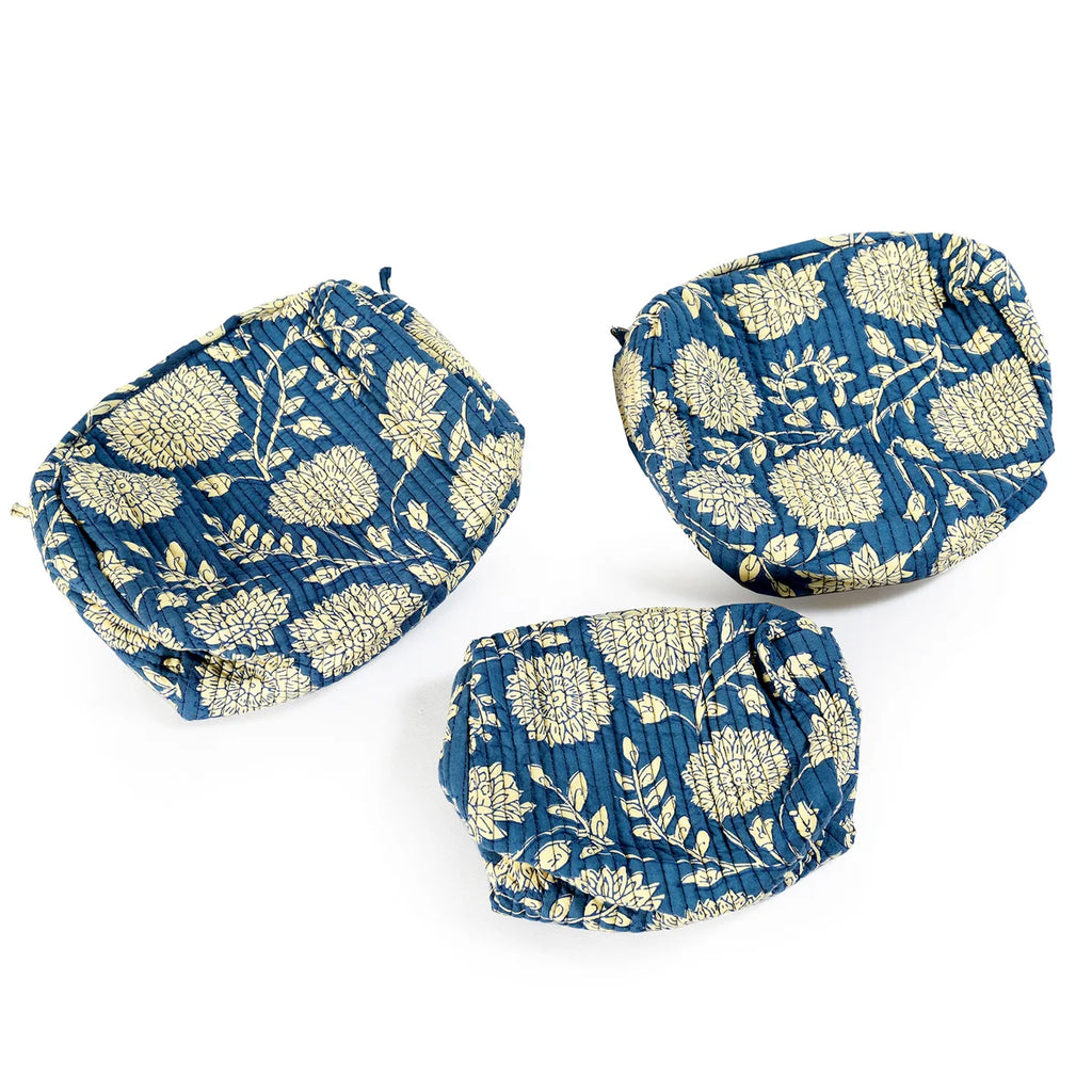 Blue Floral Block Printed Cotton Organizer Dop Bag