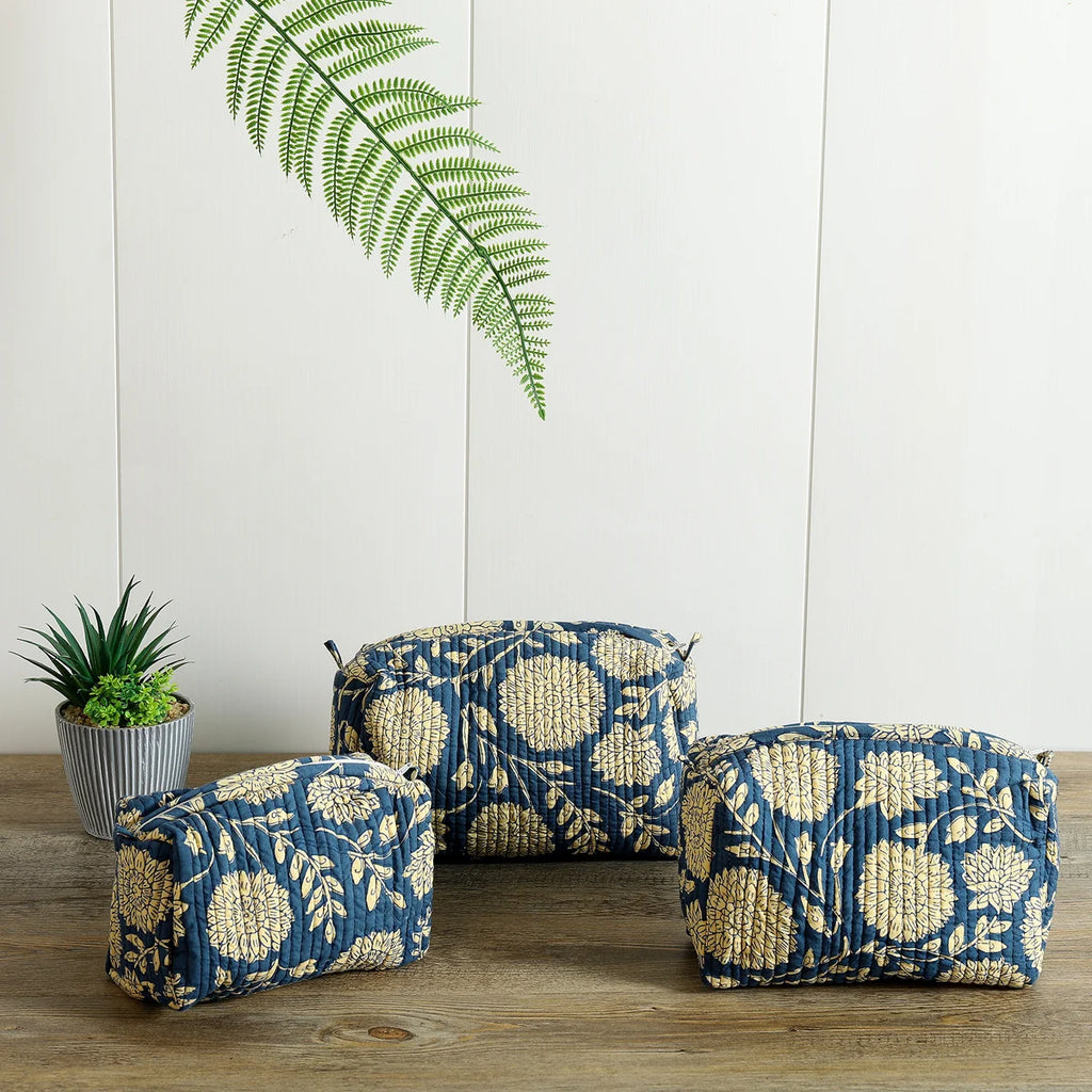 Blue Floral Block Printed Cotton Organizer Dop Bag