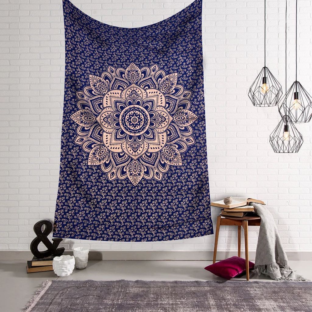 Blue Gold Ombre Mandala Printed Wall Hanging