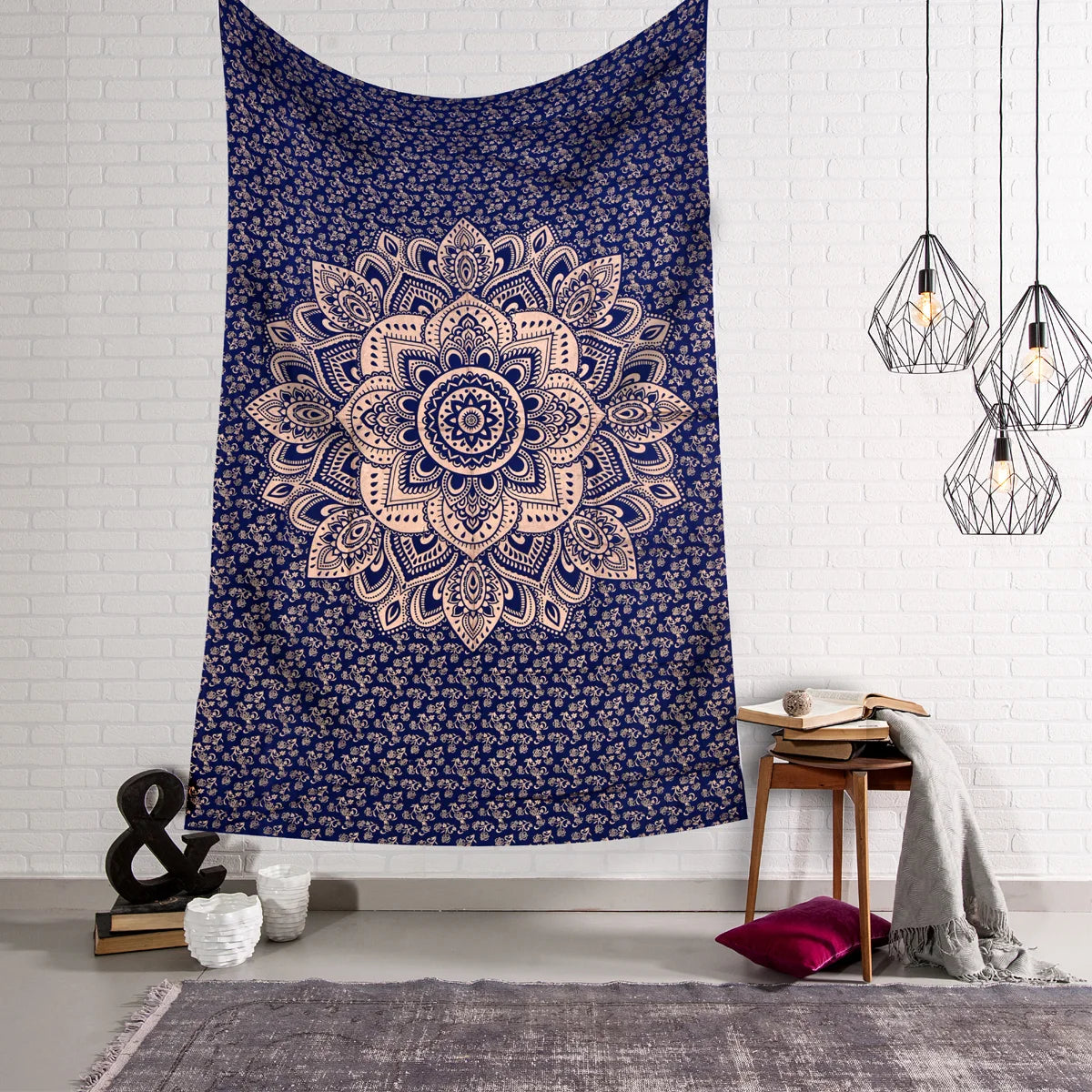 Blue Gold Ombre Mandala Printed Wall Hanging